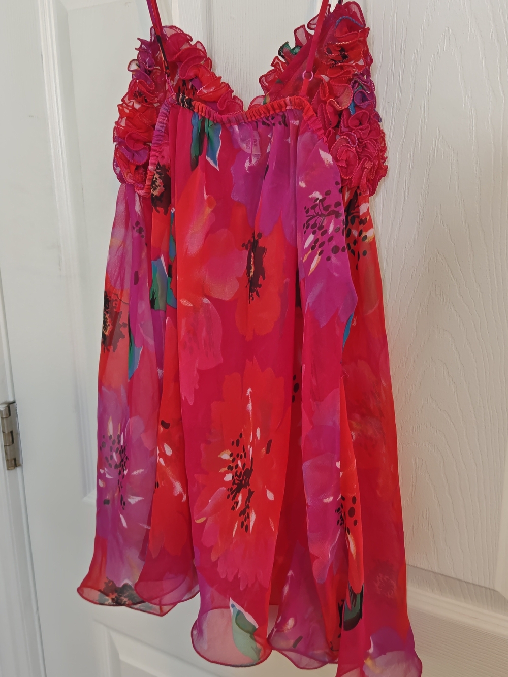 Vintage La SENZA Y2K Hot Pink  Floral Ruffled Sheer Mesh Babydoll Chemise Size M - Picture 3 of 14